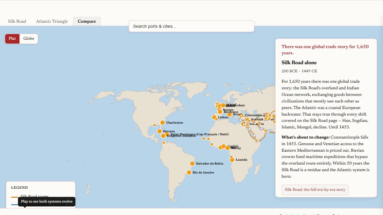 Trade-route map showing routes, cities, and eras across Silk Road and Atlantic systems