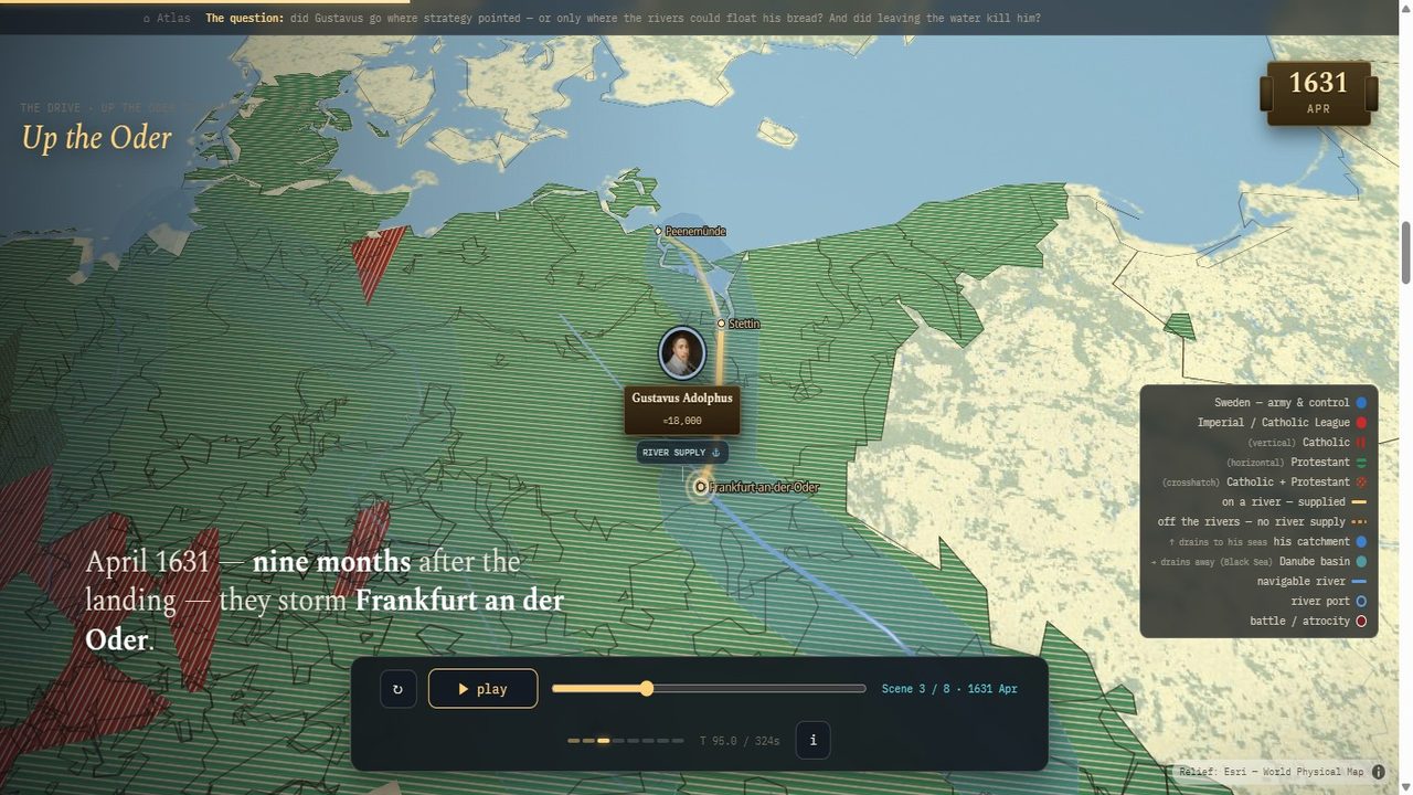Narrated campaign atlas of Gustavus Adolphus's intervention in the Thirty Years' War, 1630 to 1632